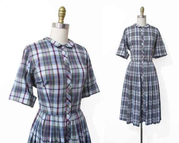 Vintage 1950s Dress | Blue Plaid Print 1950s Shirt
