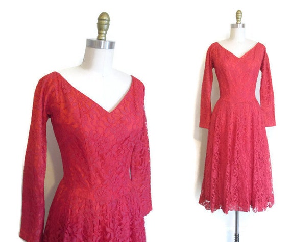 Vintage 1950s Dress | Gigi Young Rosy Red Lace 19… - image 1