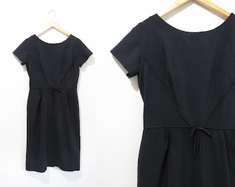 Vintage 1950s Little Black Dress | Black Cotton 1950s 60s Wiggle Dress | size small - medium
