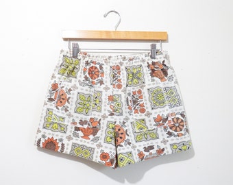 Vintage Folk Print Shorts | Upcycled 1960s Shorts | size small - medium