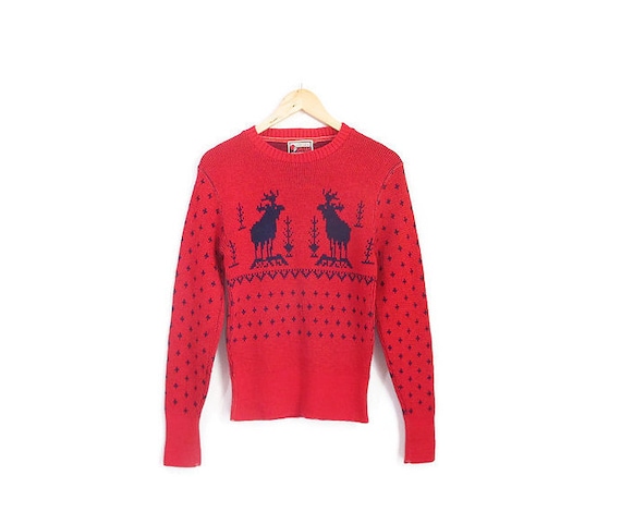 Vintage 1940s Sweater | Red Reindeer Print 1940s … - image 1