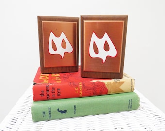 Vintage Mid Century Bookends | Abstract Painted Owl 1960s 70s Copper and Wood Bookends