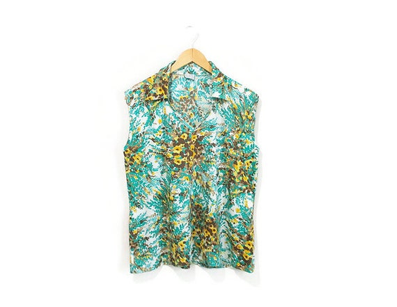 Vintage 1970s Tank Top | Mod Green and Yellow Flo… - image 1