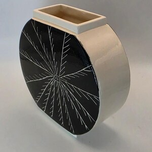 Signed MJB Studio Pottery Ceramic Moon Vase Black Starburst 6" MCM Sgraffito