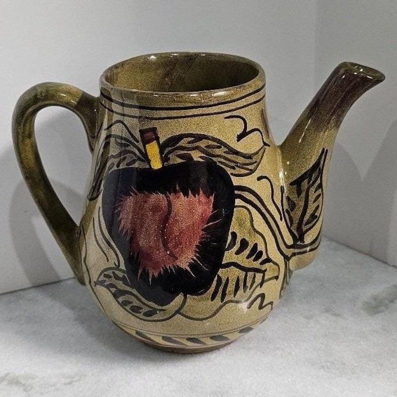 Signed avocado green Mayolica Mexican Pottery Pitcher Vase Apples Cottagecore image 1