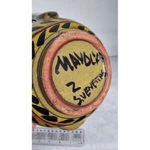 Signed avocado green Mayolica Mexican Pottery Pitcher Vase Apples Cottagecore image 6