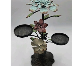 VTG Italian Tole Floral Candle Holder 2 Arm Metal Flower MCM Cottage Table Decor