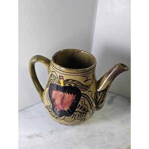 Signed avocado green Mayolica Mexican Pottery Pitcher Vase Apples Cottagecore image 11
