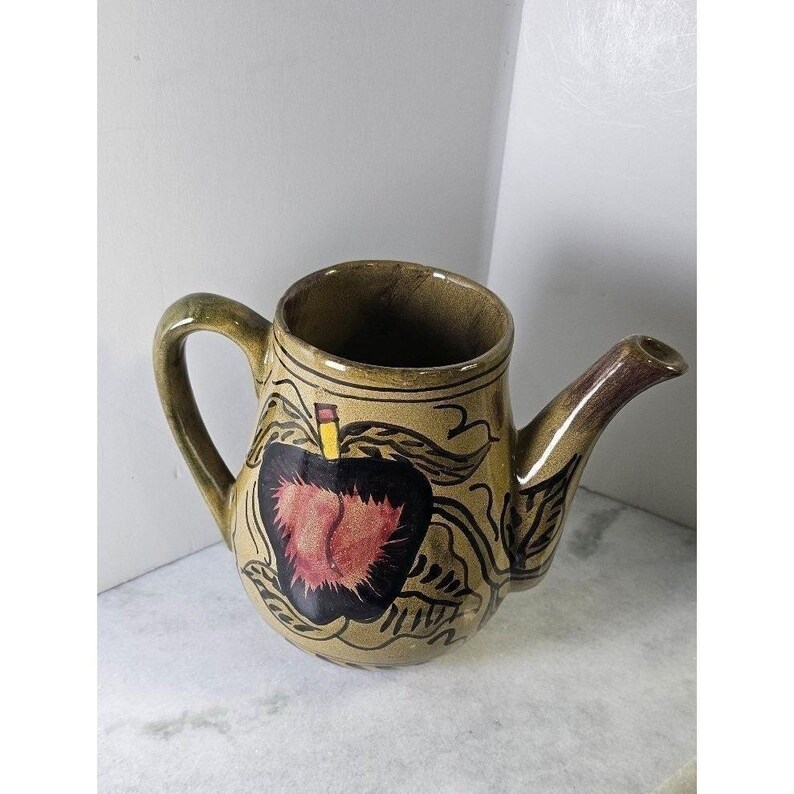 Signed avocado green Mayolica Mexican Pottery Pitcher Vase Apples Cottagecore image 11
