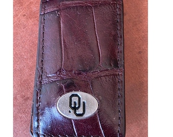 Fermasoldi magnetico Fossil Oklahoma Sooners OU in pelle con stampa coccodrillo vintage