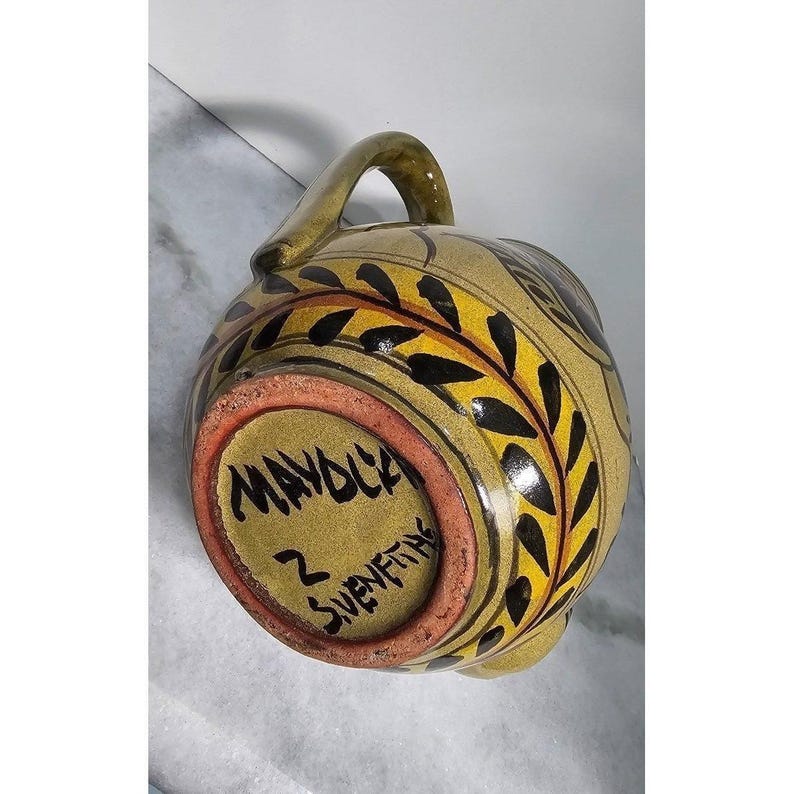 Signed avocado green Mayolica Mexican Pottery Pitcher Vase Apples Cottagecore image 9
