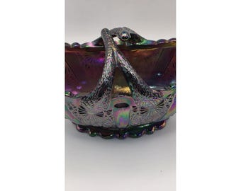 FENTON amethyst daisy and button carnival glass split handle basket bowl 6" vtg