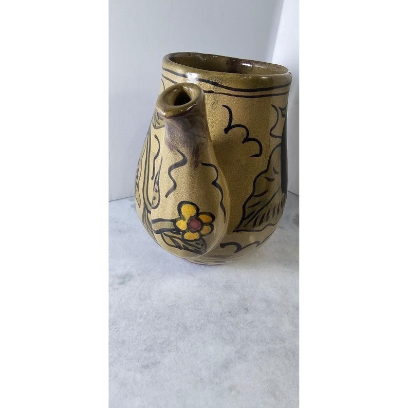 Signed avocado green Mayolica Mexican Pottery Pitcher Vase Apples Cottagecore image 12