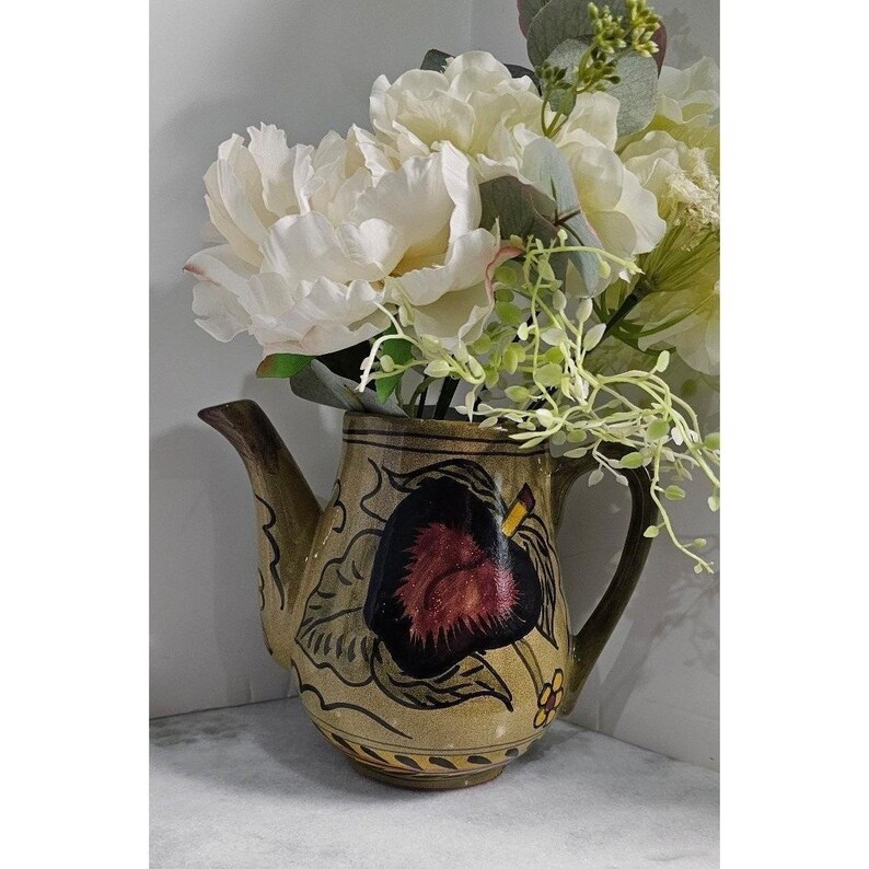 Signed avocado green Mayolica Mexican Pottery Pitcher Vase Apples Cottagecore image 2