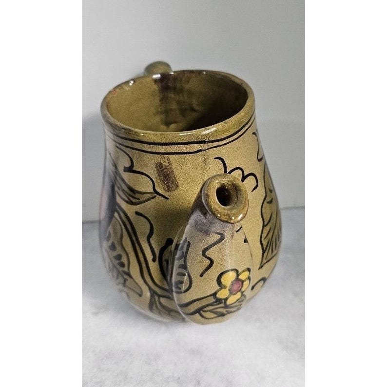 Signed avocado green Mayolica Mexican Pottery Pitcher Vase Apples Cottagecore image 8