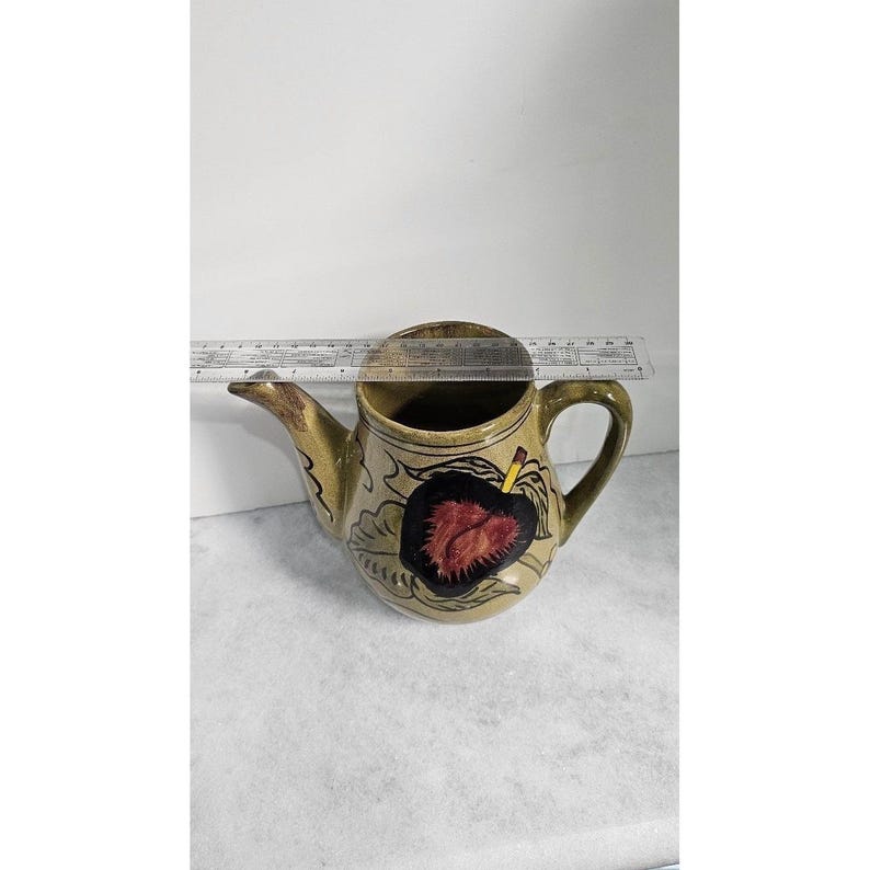 Signed avocado green Mayolica Mexican Pottery Pitcher Vase Apples Cottagecore image 4
