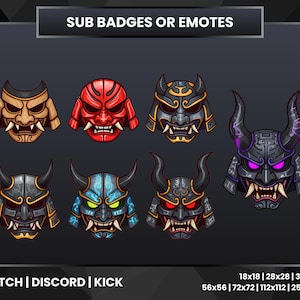 Pode incluir: Uma coleção de oito designs estilizados de máscaras Oni em várias cores, incluindo vermelho, dourado, azul e roxo. As máscaras apresentam chifres e expressões ameaçadoras. O texto na parte superior diz "SUB BADGES OR EMOTES". O texto na parte inferior diz "TWITCH | DISCORD | KICK".