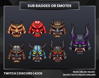 Insignias de suscriptor de Oni Mask Samurai Demon / Insignias japonesas de Twitch Bits / Conjunto de progresión de insignias de lealtad de Discord Kick