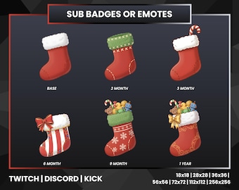 Red Green Christmas Stocking Sub Badges | Festive Holiday Twitch Bit Badges | Discord Kick Loyalty Badge Progression Set