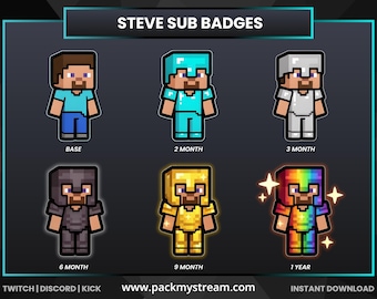 Minecraft Steve Personaje Insignias de suscriptor Twitch Discord Kick Insignias de lealtad Insignias de transmisión Bloque de progresión de insignias Juego Conjunto de avatar