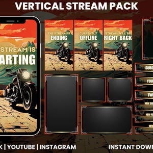 May include: A digital art pack for streaming, featuring a motorcycle theme. Includes a phone screen with "The Stream is Starting" text, panels for "Ending", "Offline", and "Right Back", plus chat and social media buttons. The color palette is warm with orange and brown tones.