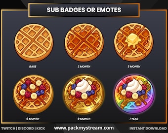 Insignias de suscripción de waffle Twitch Discord Kick Insignias de lealtad Insignias de transmisión Progresión de insignias Comida Postre Lindo Juego Set
