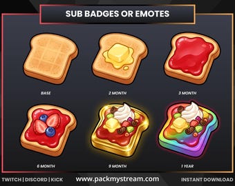 Insignias de Toast Sub Twitch Discord Kick Insignias de Lealtad Insignias de Stream Progresión de Insignias Comida Desayuno Lindo Juego Set