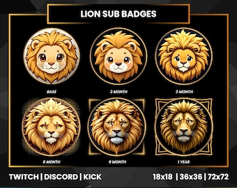 Golden Cute Chibi Lion Sub Badges | Kawaii Twitch Bit Badges | Discord Kick Loyalty Badge Progression Set