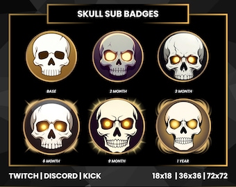 Gold Black Skull Sub Badges | Gothic Horror Twitch Bit Badges | Discord Kick Loyalty Badge Progression Set
