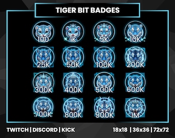 Blue Neon Tiger Bit Badges (Number Progression) | Tiger Twitch Cheer Badges | Kick Discord Badge Set