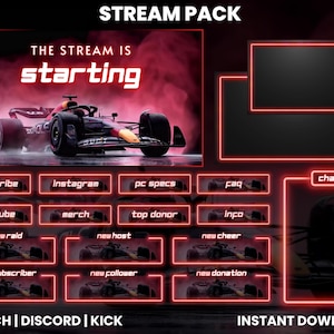 Pode incluir: Um pacote de stream digital com um gráfico de carro de corrida de Fórmula 1. O pacote inclui vários elementos de sobreposição com bordas de néon vermelhas e texto como "subscribe", "instagram" e "chat". O texto "The Stream Is Starting" é exibido de forma proeminente.