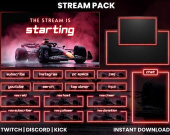 Neon Red Formula 1  Racing Stream Overlay Pack | F1 Motorsport Twitch OBS Screens | Panels Alerts Webcam | Racecar | Car