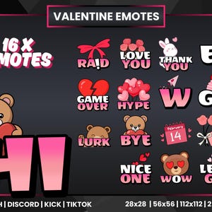 Pakiet emotikonek walentynkowych | 16 różowych emotikonek miłosnych na Twitchu i Discordzie