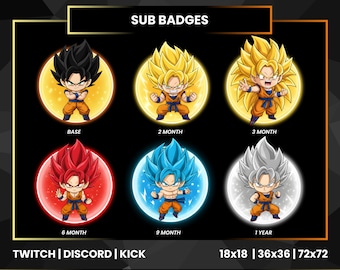 Dragon Ball Goku Saiyan Sub Badges | Anime Chibi Twitch Bit Badges | Discord Kick Loyalty Badge Progression Set