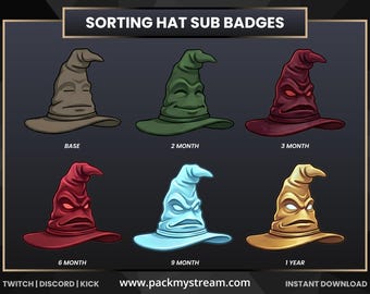 Harry Potter Sorting Hat Sub Badges Twitch Discord Kick Loyalty Badges Stream Badges Badge Progression Magic Fantasy Sorting Hat Set