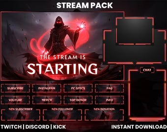 Dark Red Grim Reaper Stream Overlay Pack | Horror Twitch OBS Screens | Panels Alerts Webcam
