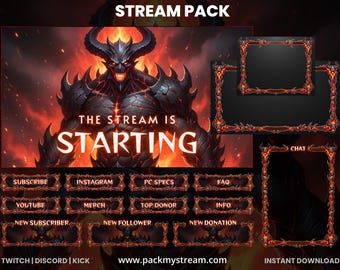 Paquete de superposiciones para transmisiones de demonios infernales / Superposición para Twitch OBS / Alertas animadas, superposición para cámara web, paneles de transmisión, tema de fuego de lava
