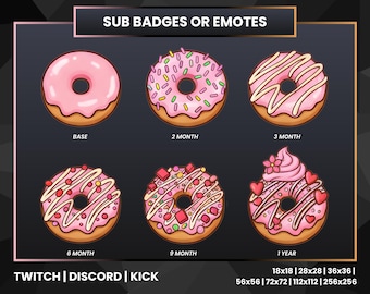 Pink Donut Sub Badges | Cute Kawaii Dessert Twitch Bit Badges | Discord Kick Loyalty Badge Progression Set