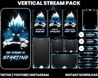 Blue Dragon Ball Vegeta Vertical Stream Overlay Pack | Anime Twitch TikTok YouTube Screens | Animated Webcam Panels Alerts