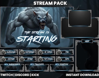 Dark Grey Werewolf Stream Overlay Pack | Horror Twitch OBS YouTube Kick Screens | Panels Alerts Webcam