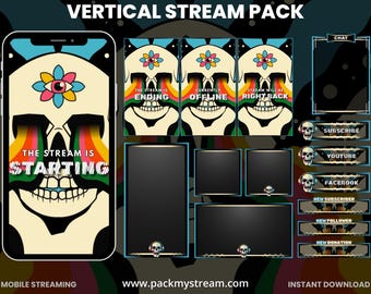 Neon Psychedelic Skull Vertical Stream Overlay Pack | Gothic Gaming Twitch TikTok YouTube Kick Screens | Animated Panels Alerts Webcam