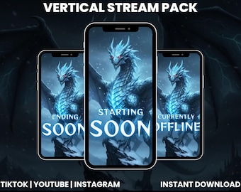Paquete de superposiciones verticales de transmisión Blue Fantasy Dragon / Pantallas de expulsión míticas para Twitch, TikTok y YouTube / Alertas de paneles de cámara web animados