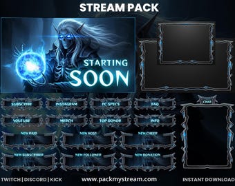 Frost Blue Necromancer Ice Mage Stream Overlay Pack | Dark Fantasy Twitch OBS Screens | Panels Alerts Webcam