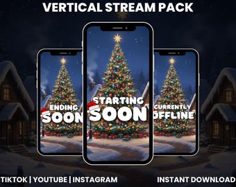 Paquete de superposiciones verticales elegantes de Navidad doradas para transmisiones navideñas / Pantallas de inicio festivas para Twitch, TikTok y YouTube / Paneles de alertas de cámara web animados