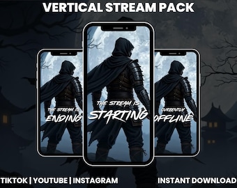 Dark Blue Ninja Warrior Vertical Stream Overlay Pack | Fantasy Twitch TikTok YouTube Kick Screens | Animated Webcam Panels Alerts