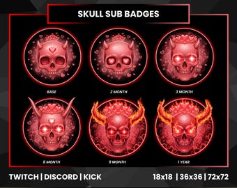 Red Black Flame Heart Skull Sub Badges | Gothic Horror Twitch Bit Badges | Discord Kick Loyalty Badge Progression Set