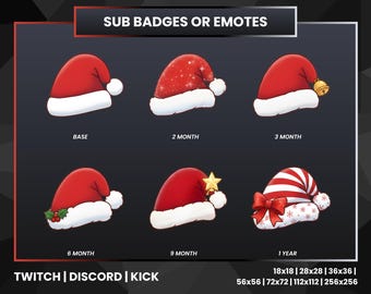 Odznaki świąteczne w czerwono-białej czapce Świętego Mikołaja | Świąteczne odznaki Twitch Bit | Zestaw postępów odznak lojalnościowych Discord Kick