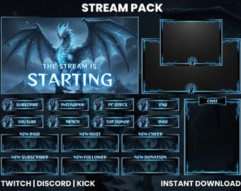 Paquete de superposiciones de transmisión Blue Ice Dragon / Pantallas de inicio de Twitch OBS de fantasía para YouTube / Paneles de alertas para cámara web