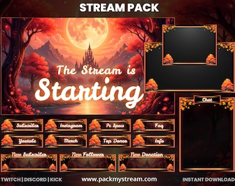 Orange Brown Autumn Fantasy Castle Stream Overlay Pack | Cozy Fall Twitch OBS YouTube Screens | Panels Alerts Webcam