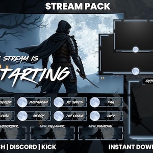 May include: A digital stream pack with a ninja-themed design. The main graphic features a ninja in front of a full moon, with the text "THE STREAM IS STARTING". Includes overlay elements for chat, subscriber alerts, and social media links.